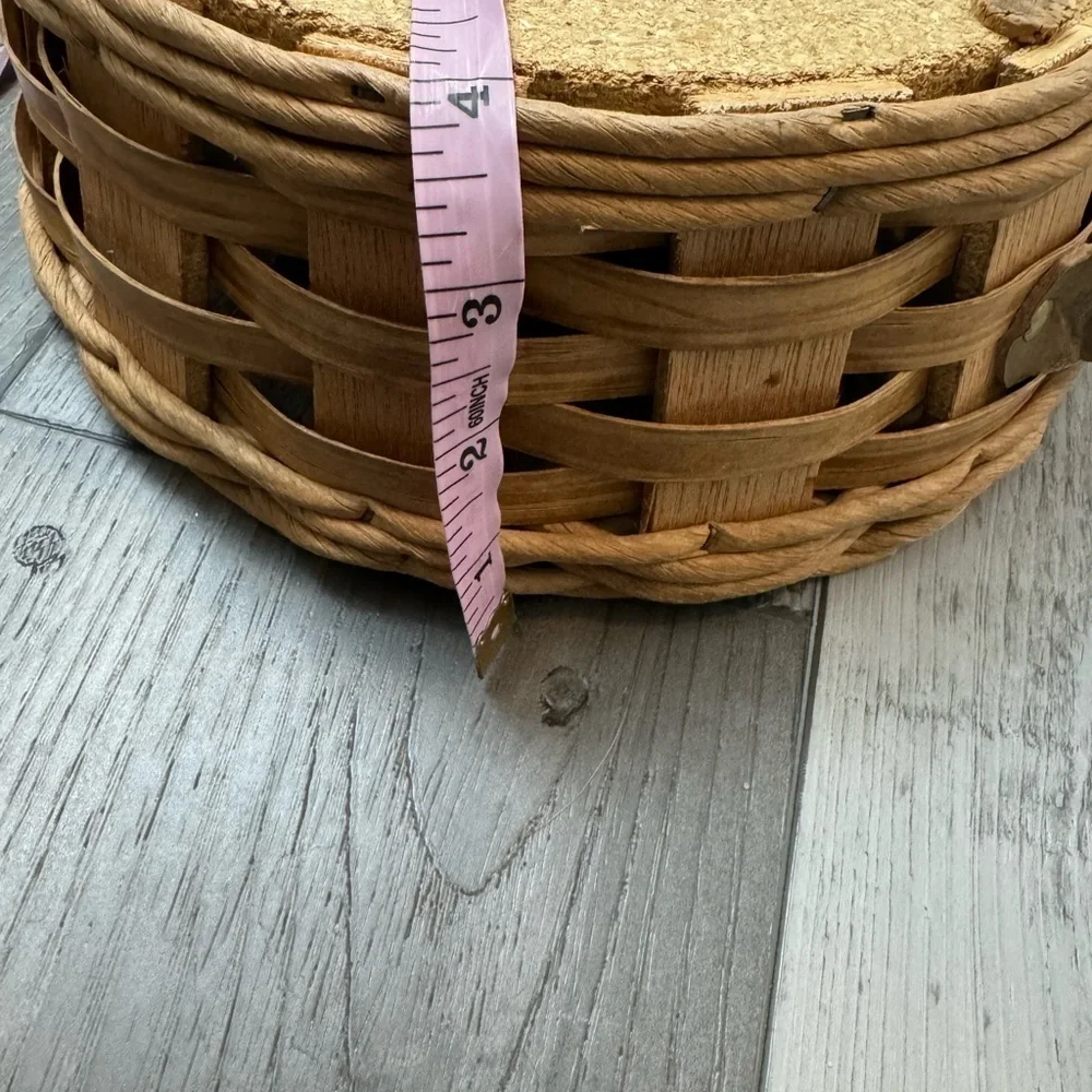 Vintage PYREX CORNING Leather Wooden Handled Basket Liner Holder weave